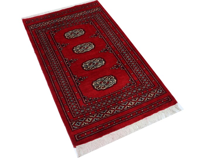 2.6 X 4.2 ft Red Geomatrical Handmade ,Mori Bokhara Cotton and Wool