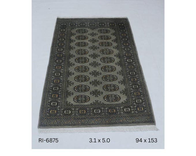 Hand-knotted Mohri Bokhara Cotton and Wool Rug, Geomatrical in Gray base and Gray border, 3.1 x 5.0 ft