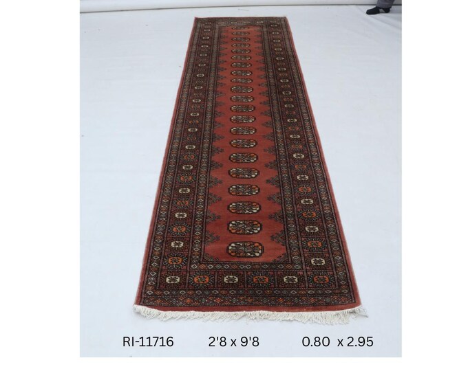 Hand-Knotted Mohri Bokhara Rug, Copper Geometric Wool Touch, 2.8 x 9.8 ft