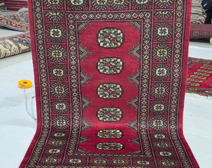 2.5 X 4 ft Red Geometrical Handmade, Mori Bokhara Cotton and Wool