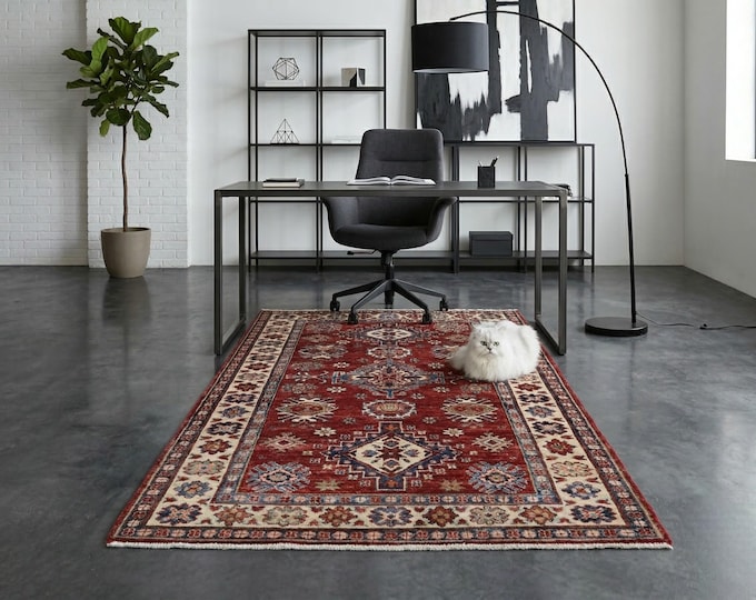 3 X 5 ft Red and Beige Geomatrical Handmade , Super Kazak Cotton and Wool