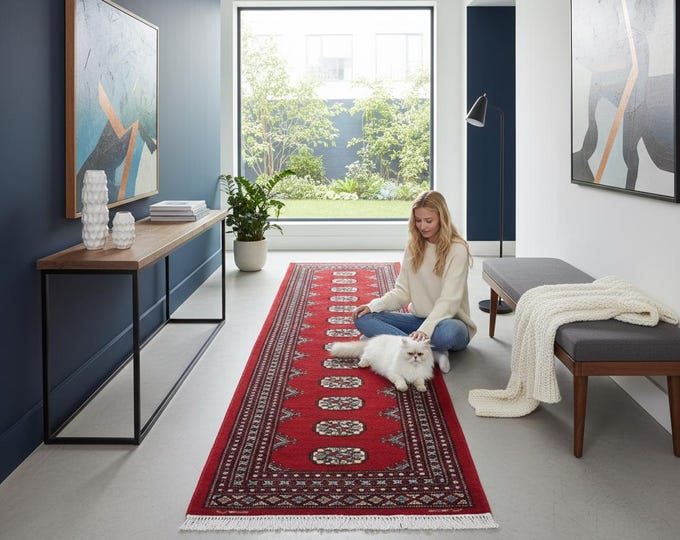 2.1 X 6.7 ft Red Geomatrical Runner Handmade, Mori Bokhara Cotton and Wool