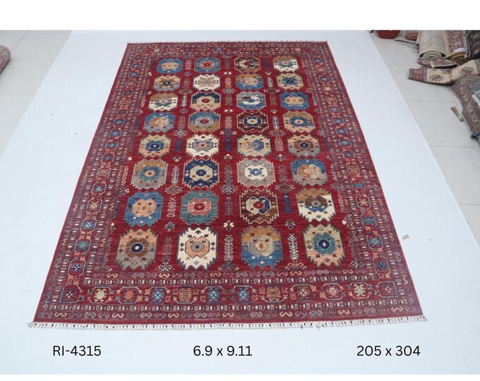 Hand-knotted Chobi Cotton and Wool Rug, Floral in Red base and Red border, 6.9 x 9.11 ft
