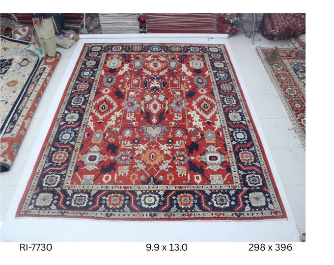 Hand-knotted Heriz Cotton and Wool Rug, Floral in Red base and Blue border, 9.9 x 13.0 ft