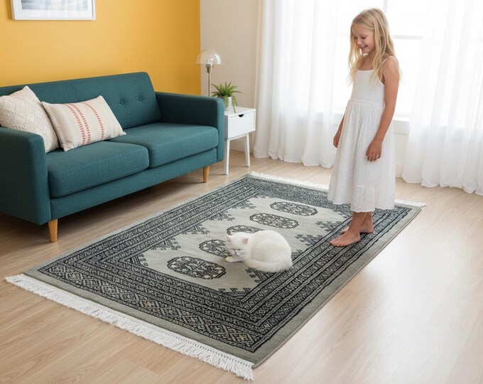 2.1 X 3.0 ft Gray Geomatrical Handmade, Mori Bokhara Cotton and Wool