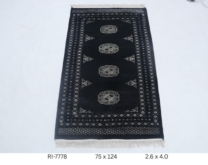 Hand-knotted Mori Bokhara Cotton and Wool Rug, Geomatrical in Black base and Black border, 2.6 x 4.0 ft