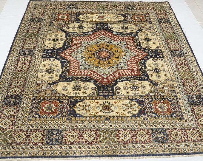 8x10 Blue Mamluk Wool Rug – Handmade Turkish Geometric Carpet