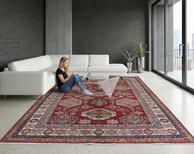 5.6 X 7.8 ft Red and Beige Geomatrical Handmade , Super Kazak Cotton and Wool