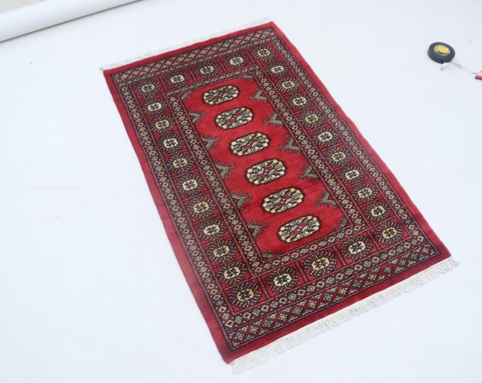 2.6 X 4.0 ft Red Geomatrical Handmade Runner, Mori Bokhara Cotton and Wool