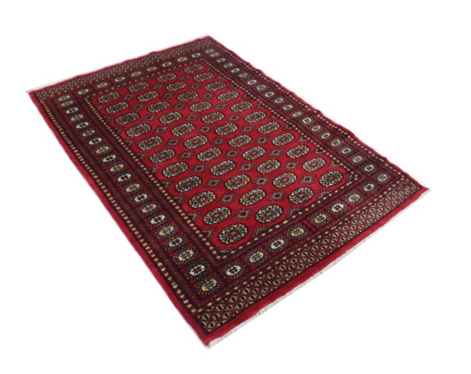4.2 X5.2 ft Red Geomatrical Handmade, Mori Bokhara Cotton and Wool