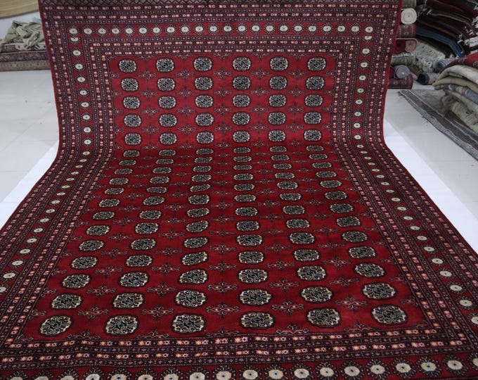 9x12 Red Mori Bokhara Rug – Pakistani Wool, Handmade Geometric Design