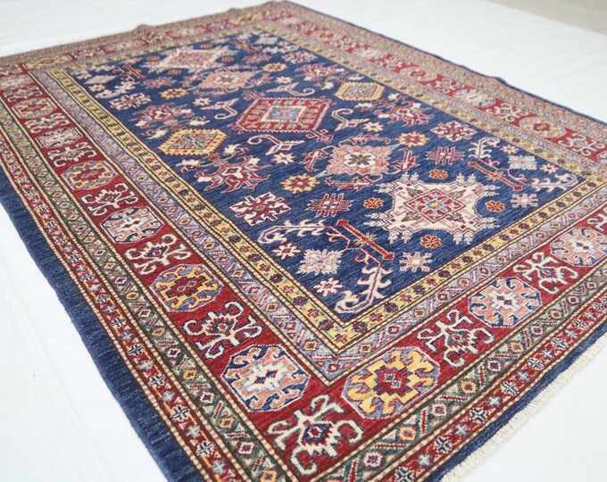 5x7 Blue & Red Kazak Rug – Afghan Handmade Organic Wool