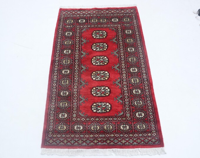 2.7X 4.5 ft Red Geomatrical Handmade Runner, Mori Bokhara Cotton and Wool