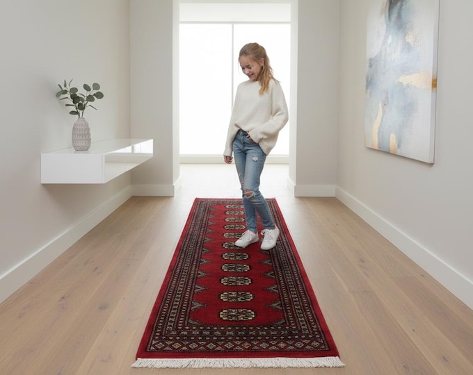 2.1 X 5.10 ft Red Geomatrical Runner Handmade, Mori Bokhara Cotton and Wool