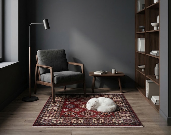 3.5 X 3.4 ft Red and Beige Geomatrical Handmade , Super Kazak Cotton and Wool