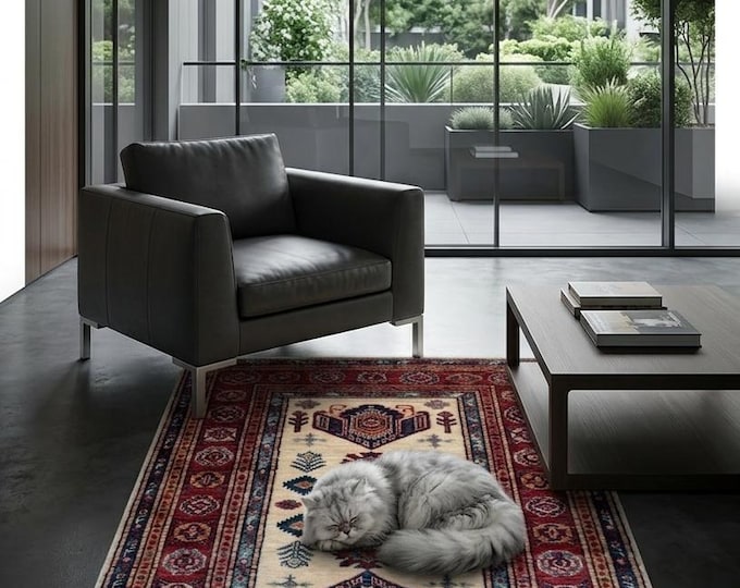 2 X 4 ft Beige and Red Geomatrical Handmade, Super Kazak Cotton and Wool