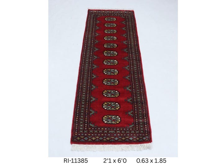 Hand-knotted Mohri Bokhara Cotton and Wool Rug, Geomatrical in Red base and Red border, 2.1 x 6.0 ft