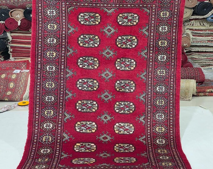 3 X 5 ft Red Geometrical Handmade, Mori Bokhara Cotton and Wool