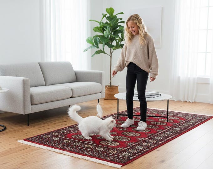 3.0 X 5.1 ft Red Geomatrical Handmade ,Mori Bokhara Cotton and Wool