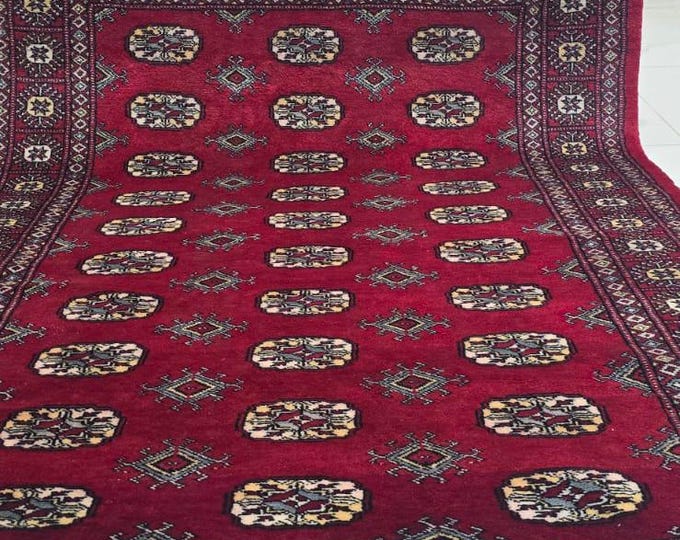 4 X 6 ft Handmade Geometric Mohri Bokhara, Red, Cotton and Wool