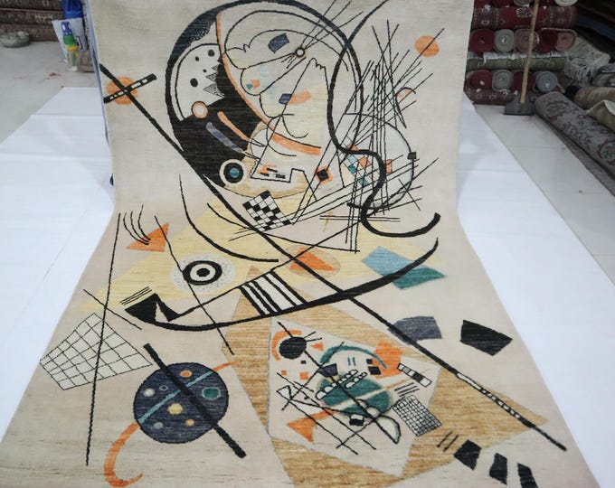 6x8 Beige Afghan Gabbeh Rug – Handmade Wool, Modern Art