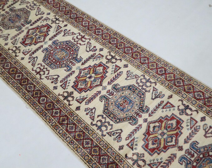 10 Ft Hand Knotted Afghan Wool Runner Rug, Geometric Kazak Design