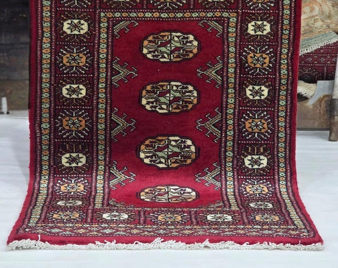 2 X 3 ft Red Geometrical Handmade, Mori Bokhara Cotton and Wool