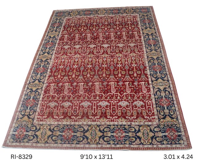 Hand-knotted Heriz Cotton and Wool Rug, Floral in Red base and Blue border, 9.10 x 13.11 ft