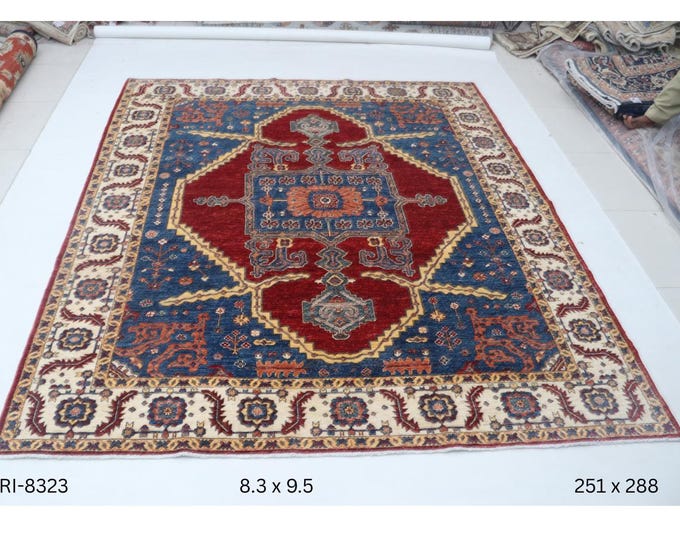 Hand-knotted Floral Heriz Rug, Red and Beige Wool, 8.3 x 9.5 ft