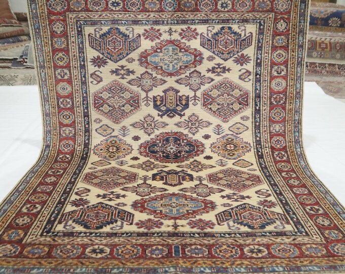 Handmade Afghan Wool Rug – Beige Geometric Kazak Design, 4x5 Feet