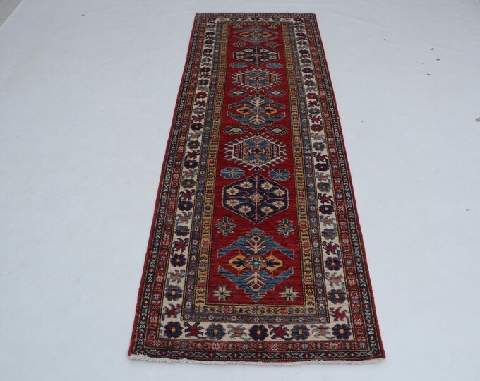 2.7 X 7.4 ft Red and Beige Geomatrical Handmade Runner, Super Kazak Cotton and Wool
