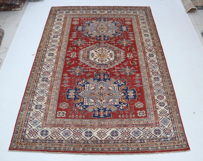 6.7 X 9.5 ft Red and Beige Geomatrical Handmade , Super Kazak Cotton and Wool