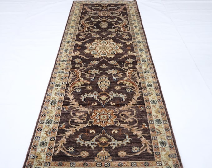 8 Ft Afghan Sultani Runner Rug, Hand-Knotted Wool, Floral Design