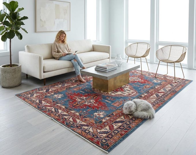 5 X 6 ft Blue and Red Geomatrical Handmade, Super Kazak Cotton and Wool