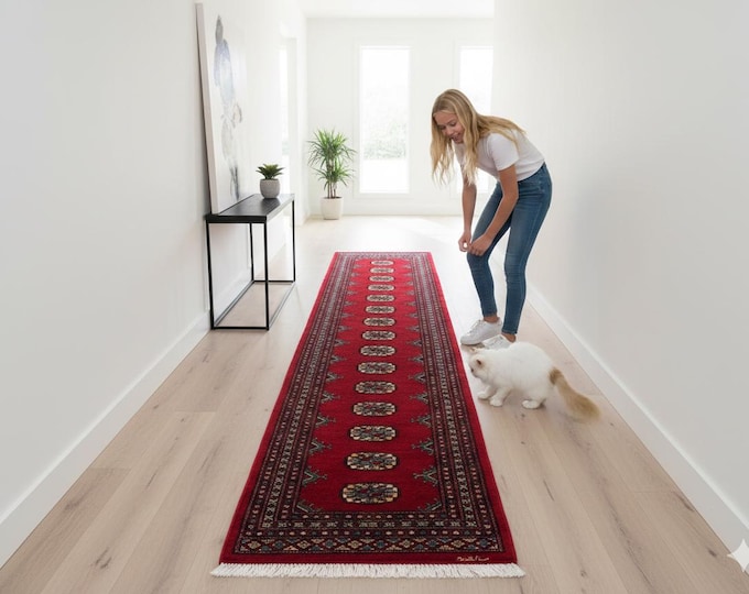 2.1 X 5.10 ft Red Geomatrical Handmade, Mori Bokhara Cotton and Wool