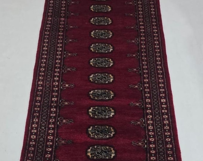 2.5 X 10 ft Red Geometrical Handmade Runner, Mori Bokhara Cotton and Wool