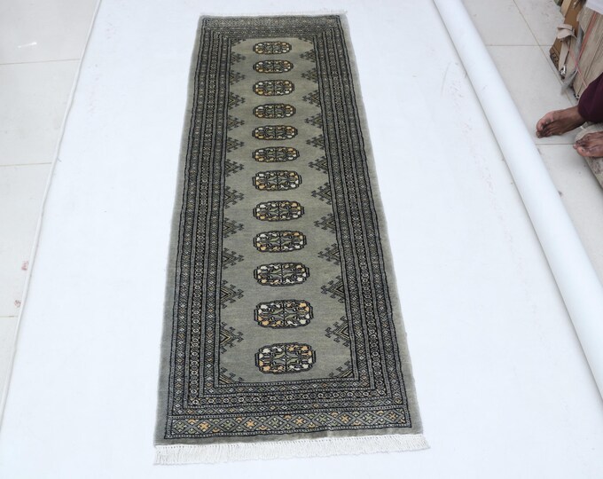 2.2 X 6.1 ft Gray Geomatrical Runner Handmade, Mori Bokhara Cotton and Wool
