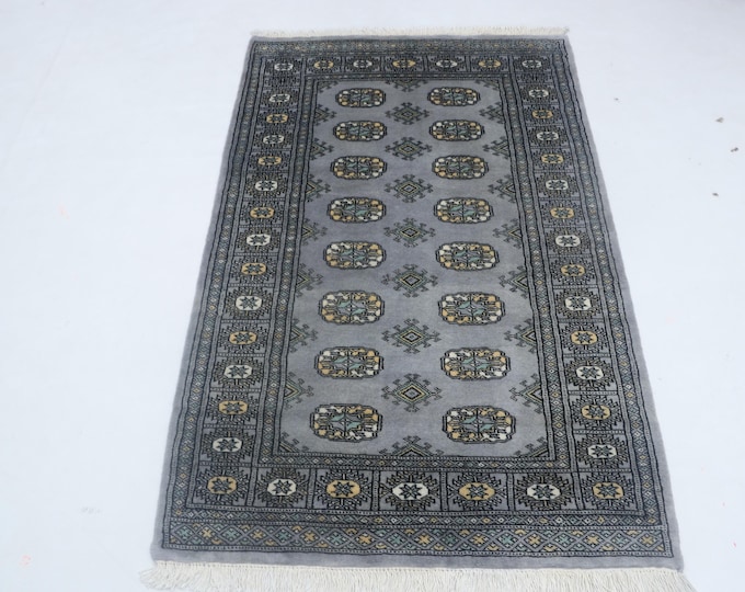 3.1 X 5.0 ft Gray Geomatrical Handmade Runner, Mori Bokhara Cotton and Wool