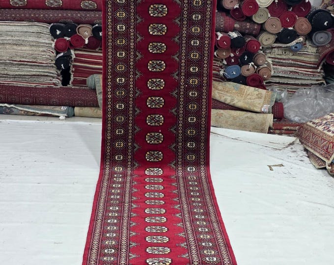 3 X 12 ft Red Geomatrical Handmade Runner, Mori Bokhara Cotton and Wool
