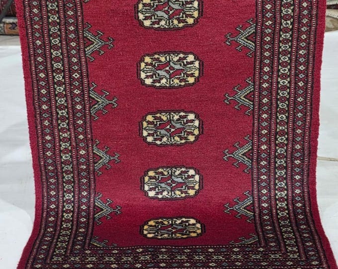 2 X 3 ft Red Geometrical Handmade, Mori Bokhara Cotton and Wool