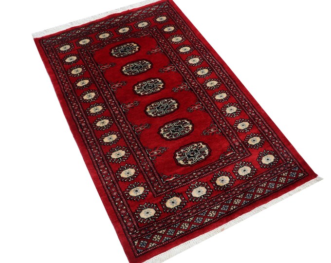 2.8 X 4.2 ft Red Geomatrical Handmade , Mori Bokhara Cotton and Wool