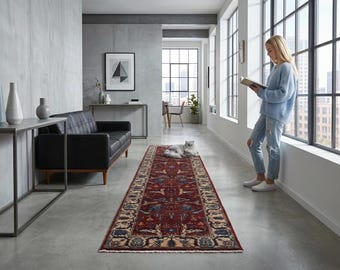 2..6 X 11.5 ft Red and Beige Floral Handmade Runner ,Heriz Cotton and Wool