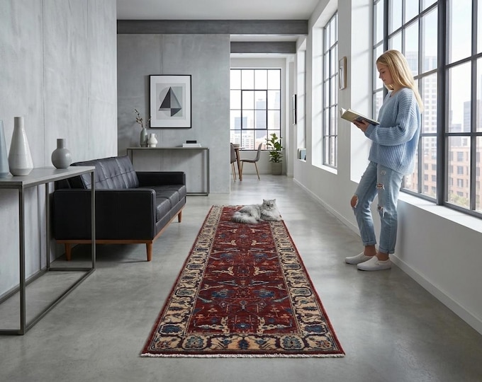 2..6 X 11.5 ft Red and Beige Floral Handmade Runner ,Heriz Cotton and Wool