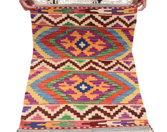 2 X 3 ft Handmade Geometrical Killim Rug, Muilty, Wool