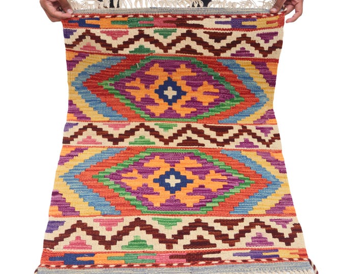 2 X 3 ft Handmade Geometrical Killim Rug, Muilty, Wool