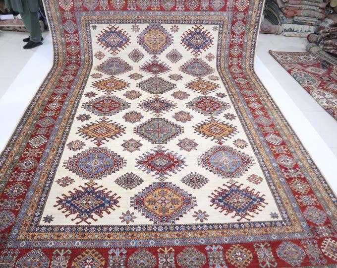 Handmade Kazak Wool Area Rug - 8'9"x12'8" Beige Red Geometric Rug