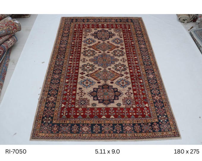 Hand-knotted Super Kazak Cotton and Wool Rug, Geomatrical in Beige base and Blue border, 5.11 x 9.0 ft