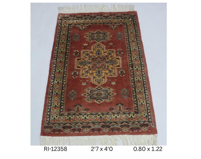 Hand-Knotted Wool & Silk Touch Rug, Copper Geometric Design, 2.7 x 4.0 ft