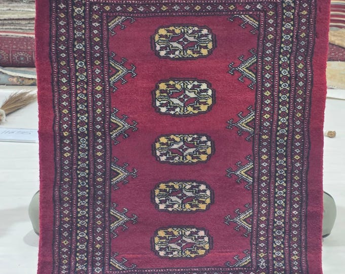 2 X 3 ft Red Geometrical Handmade, Mori Bokhara Cotton and Wool
