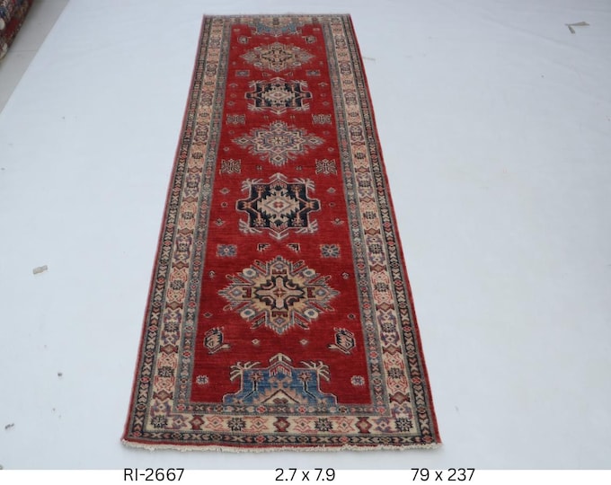 3 X 8 ft Red and Beige Geomatrical Handmade Runner , Super Kazak Cotton and Wool